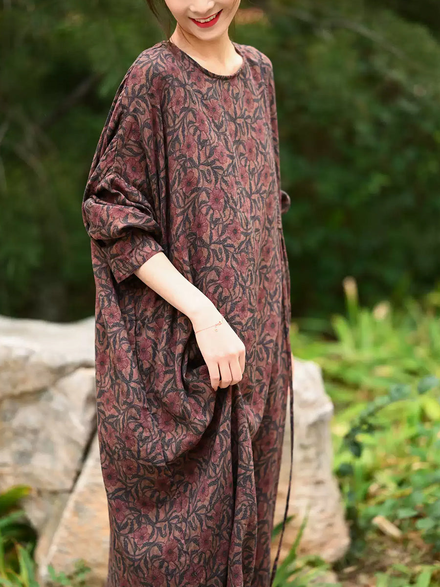 Plus Size Women Autumn Retro Flower 100%Cotton O-Neck Loose Maxi Dress