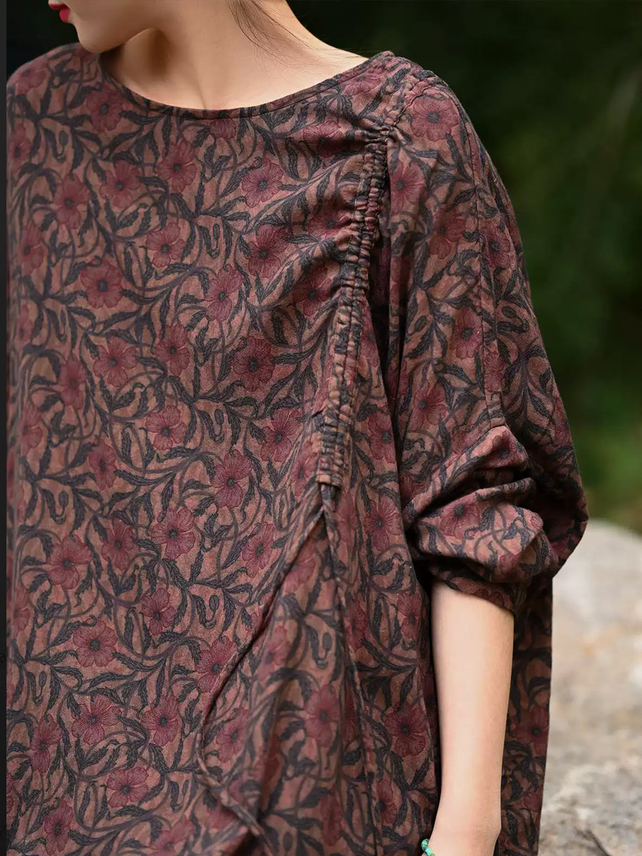 Plus Size Women Autumn Retro Flower 100%Cotton O-Neck Loose Maxi Dress