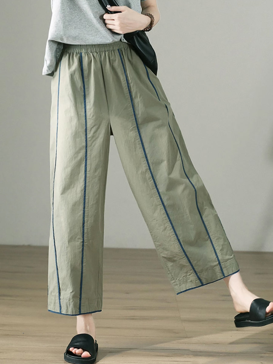 Plus Size Women Casual Colorblock 100%Cotton Wide-leg Pants