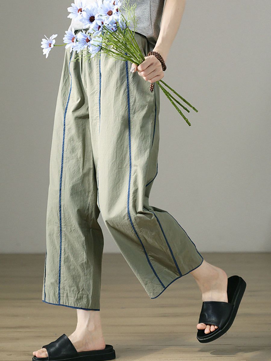 Plus Size Women Casual Colorblock 100%Cotton Wide-leg Pants