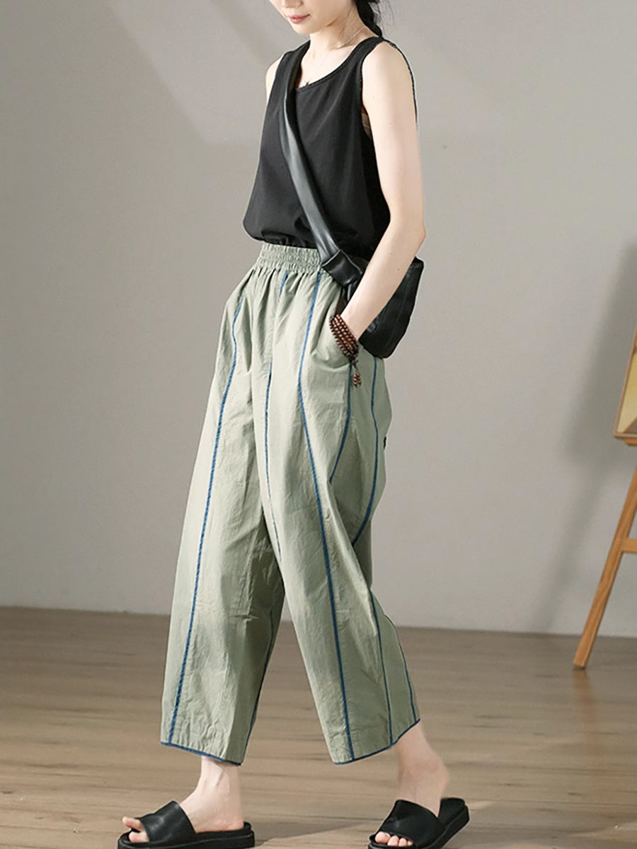 Plus Size Women Casual Colorblock 100%Cotton Wide-leg Pants