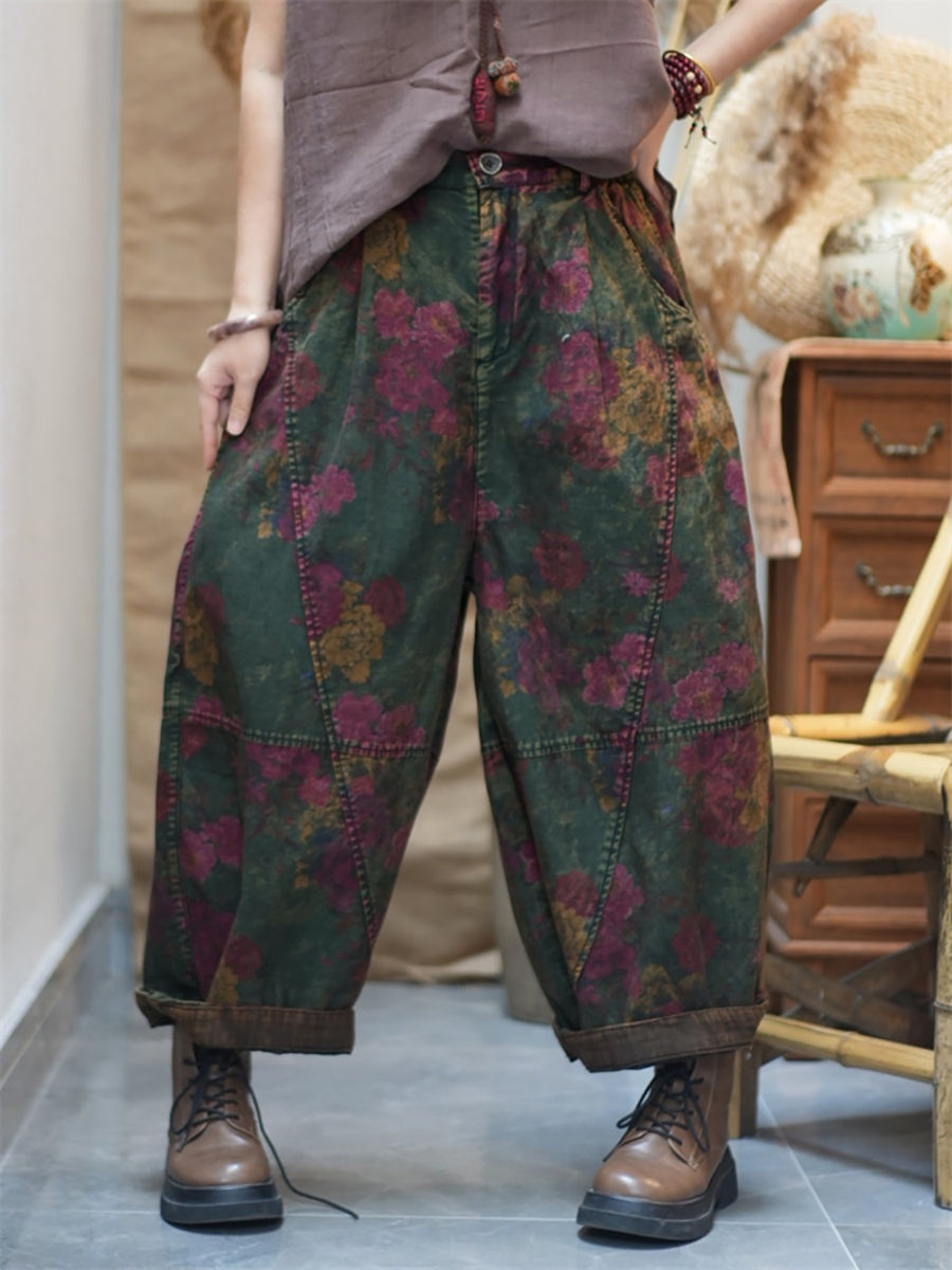 Plus Size Women Spring Retro Flower Cotton Harem Pants