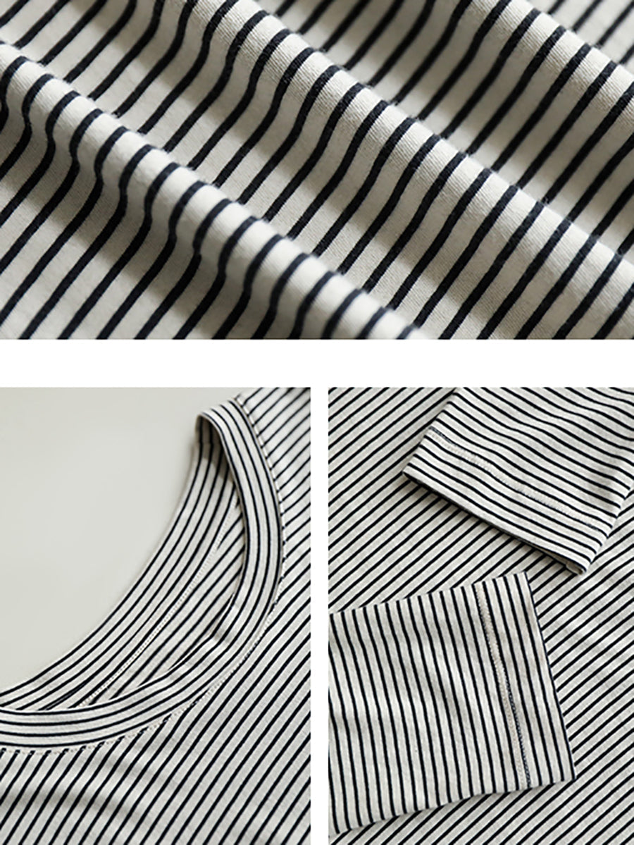 Plus Size Women Spring Casual Stripe O-Neck Cotton Blouse