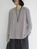 Plus Size Women Spring Casual Stripe O-Neck Cotton Blouse