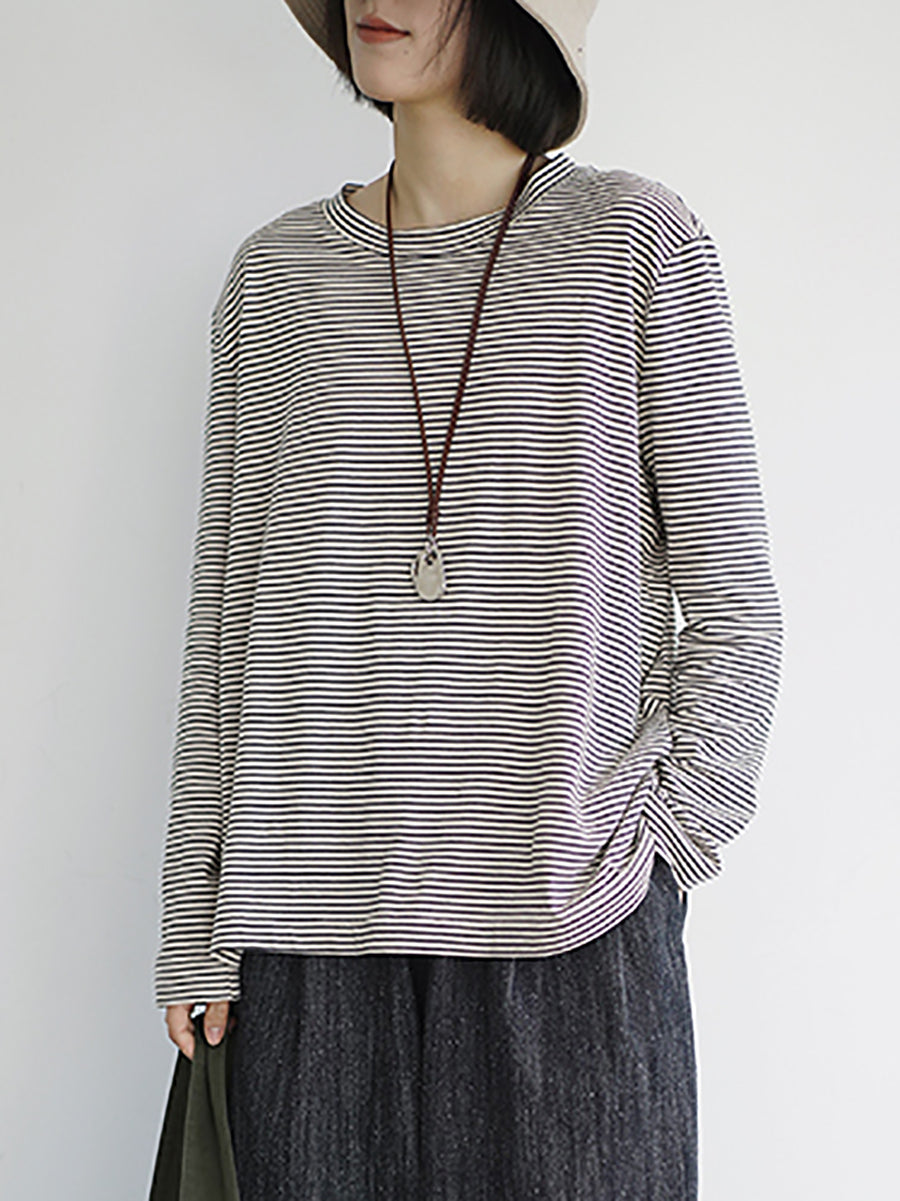 Plus Size Women Spring Casual Stripe O-Neck Cotton Blouse