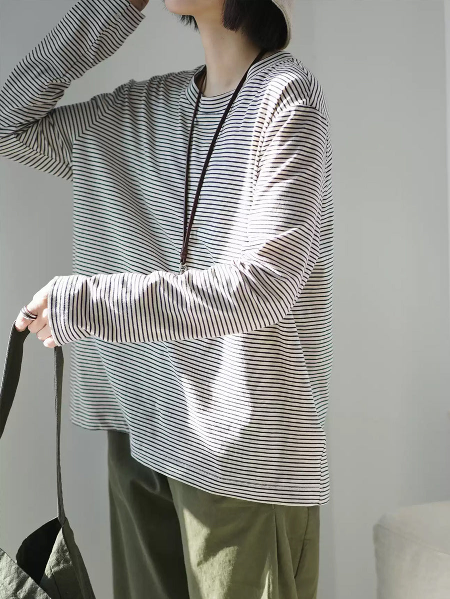 Plus Size Women Spring Casual Stripe O-Neck Cotton Blouse