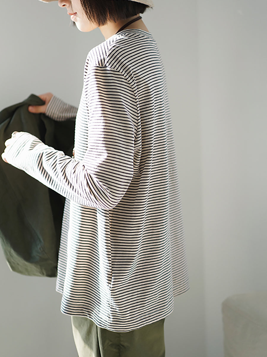 Plus Size Women Spring Casual Stripe O-Neck Cotton Blouse