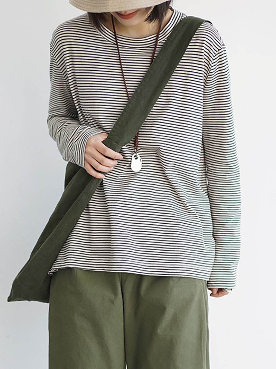 Plus Size Women Spring Casual Stripe O-Neck Cotton Blouse