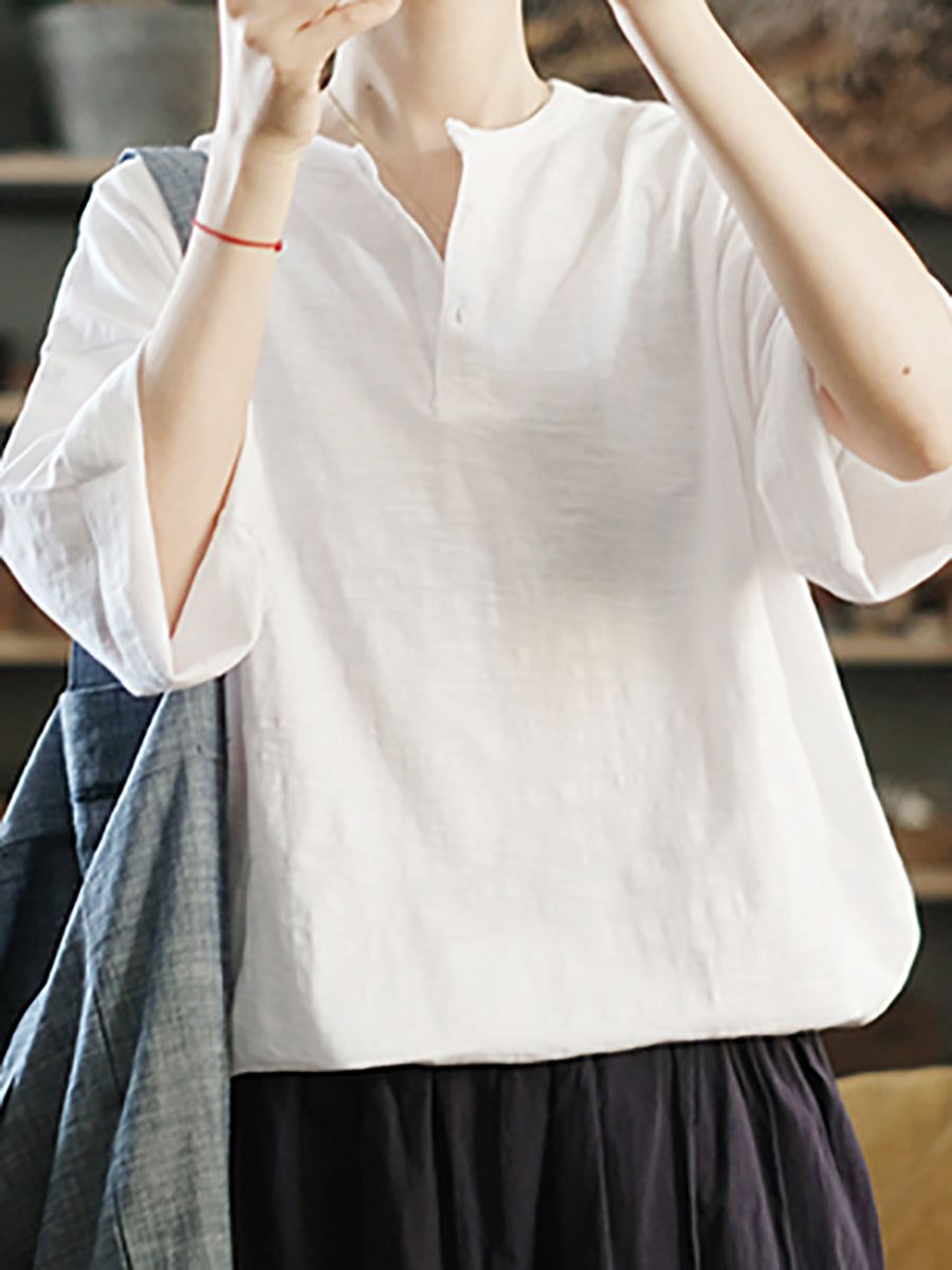 Plus Size Women Summer Casual Pure Color O-Neck 100%Cotton Blouse