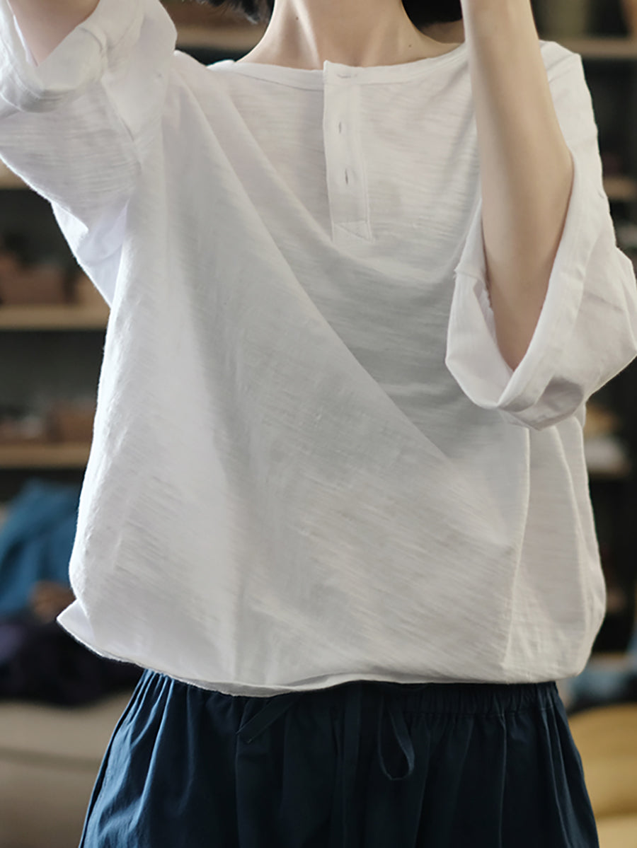 Plus Size Women Summer Casual Pure Color O-Neck 100%Cotton Blouse