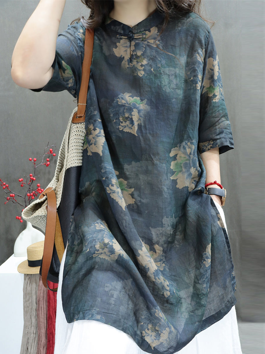 Plus Size Women Summer Stand Collar Flower 100%Ramie Shirt