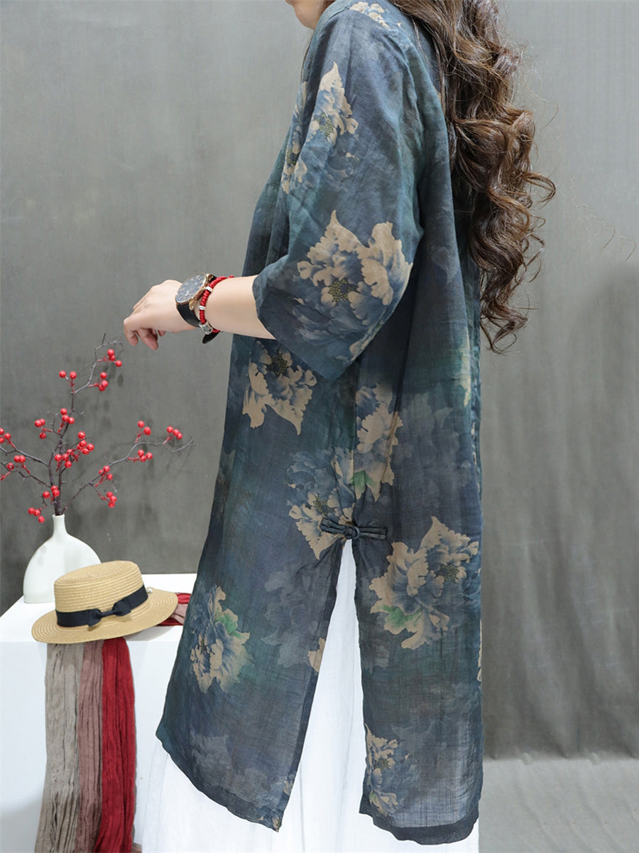 Plus Size Women Summer Stand Collar Flower 100%Ramie Shirt
