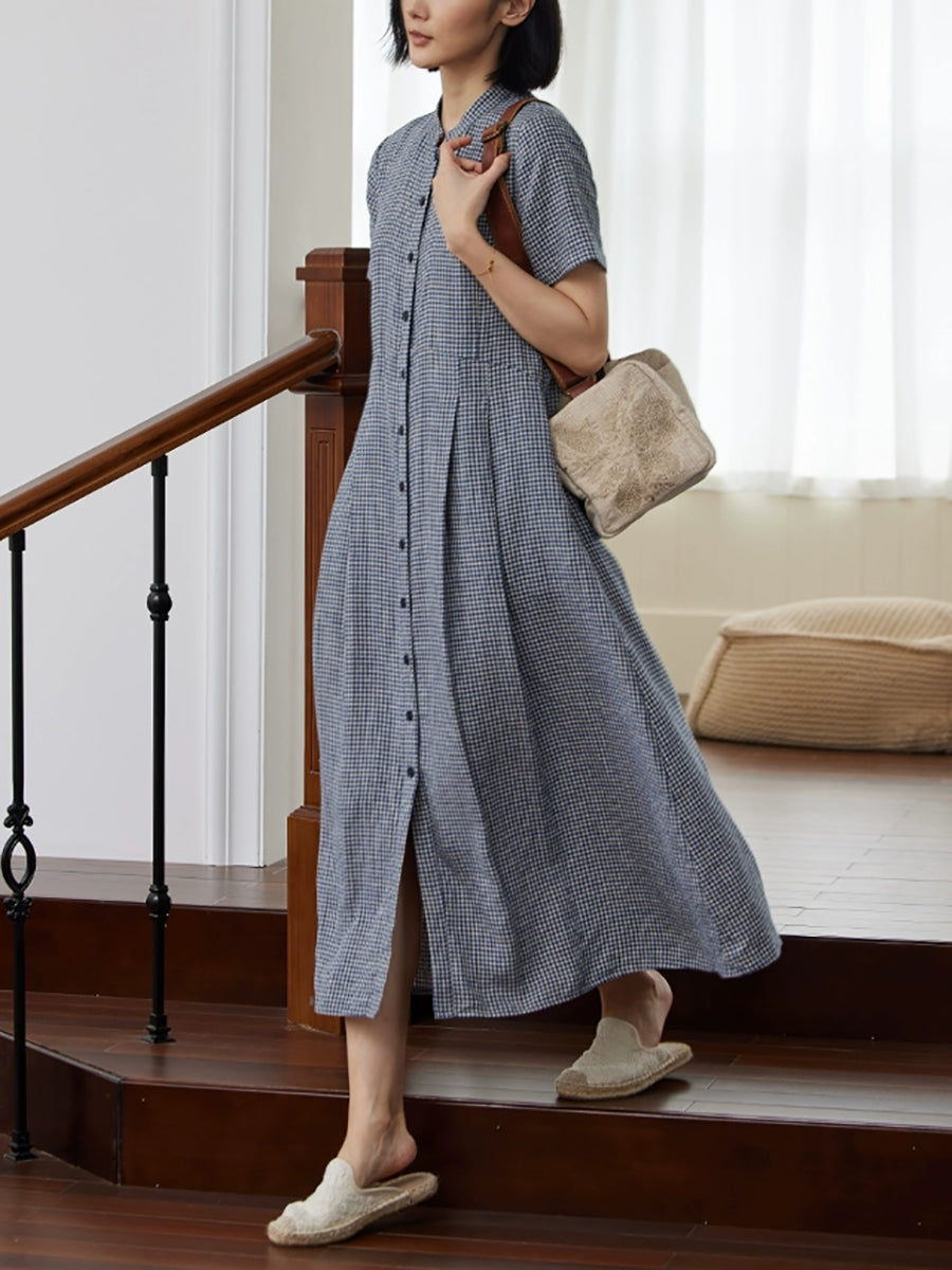 Plus Size Women Summer Plaid Stand Collar 100%Linen Loose Dress