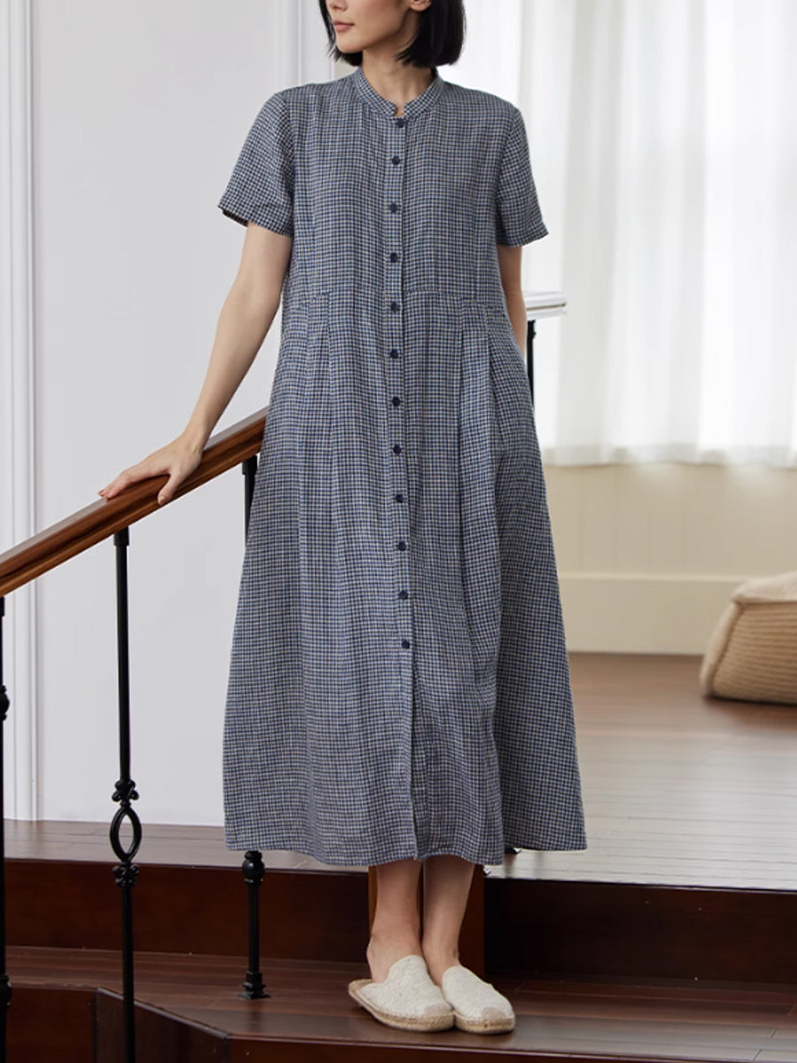 Plus Size Women Summer Plaid Stand Collar 100%Linen Loose Dress