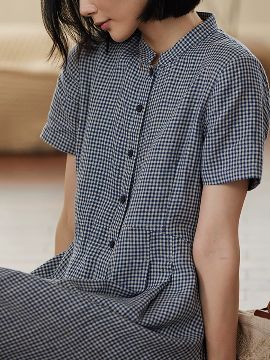Plus Size Women Summer Plaid Stand Collar 100%Linen Loose Dress