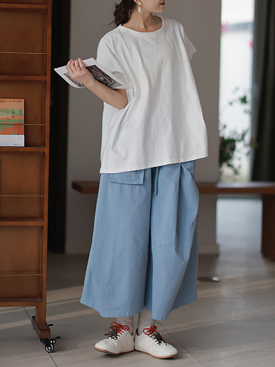 Plus Size Women Spring Casual Pure Color O-Neck 100%Cotton Blouse