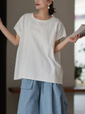 Plus Size Women Spring Casual Pure Color O-Neck 100%Cotton Blouse
