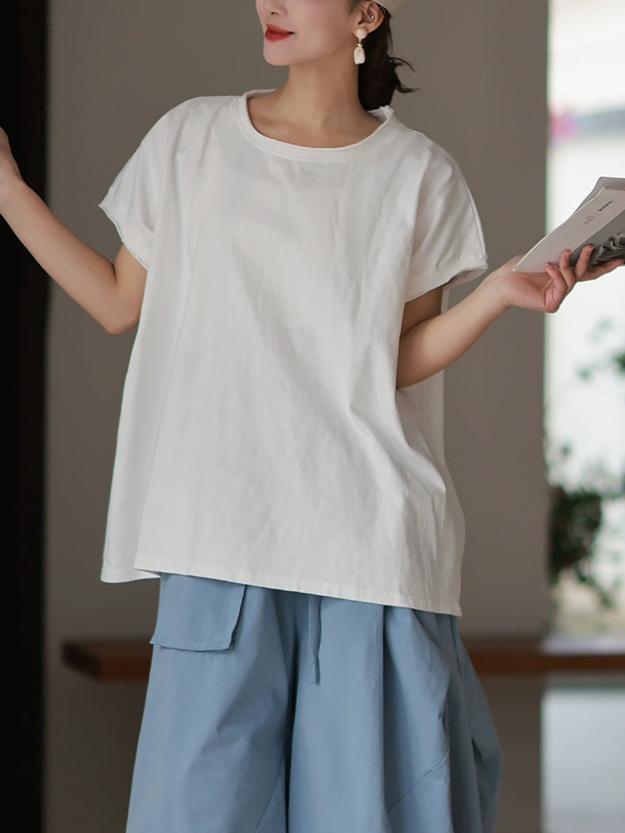 Plus Size Women Spring Casual Pure Color O-Neck 100%Cotton Blouse