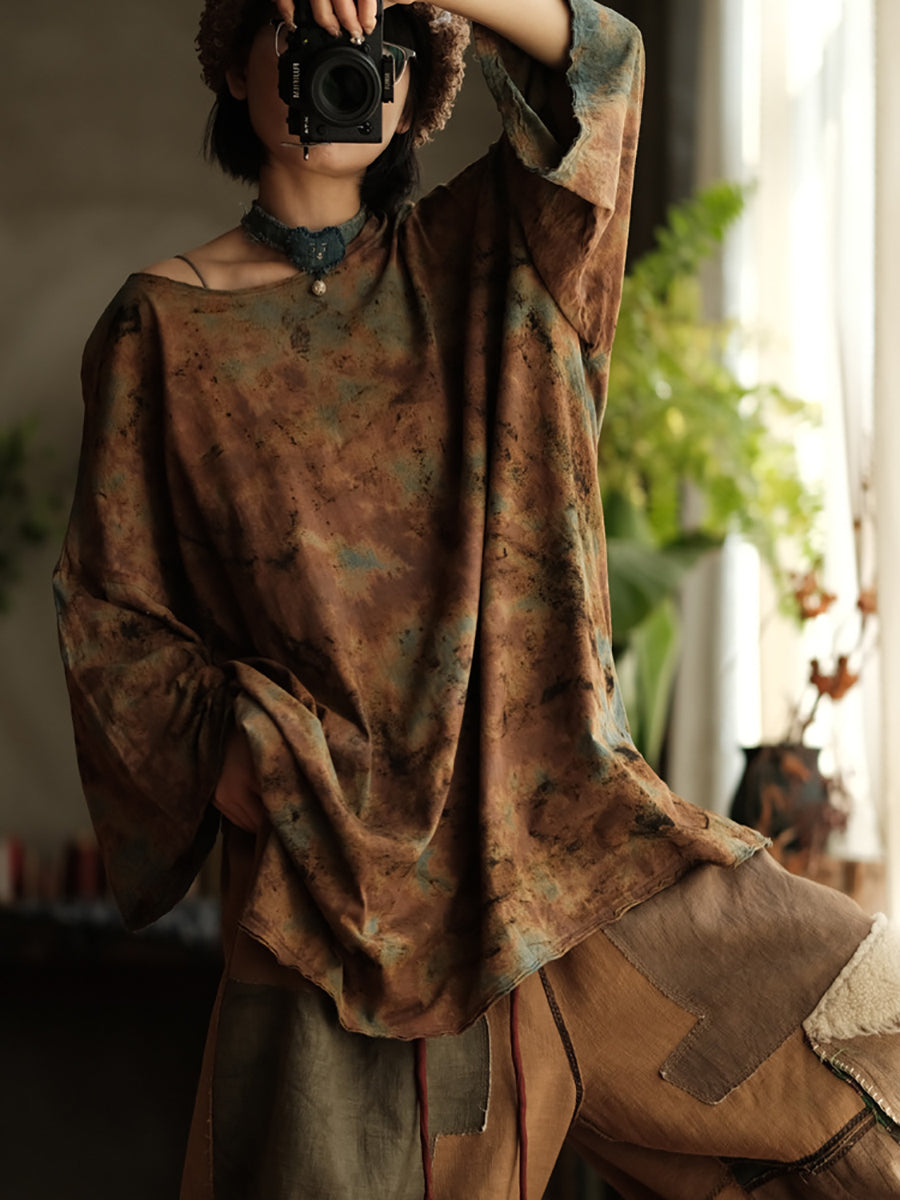 Women Summer Retro Flower O-Neck Cotton Blouse