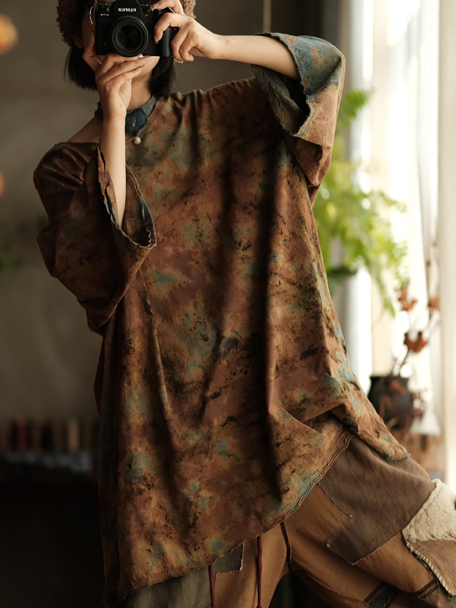 Women Summer Retro Flower O-Neck Cotton Blouse
