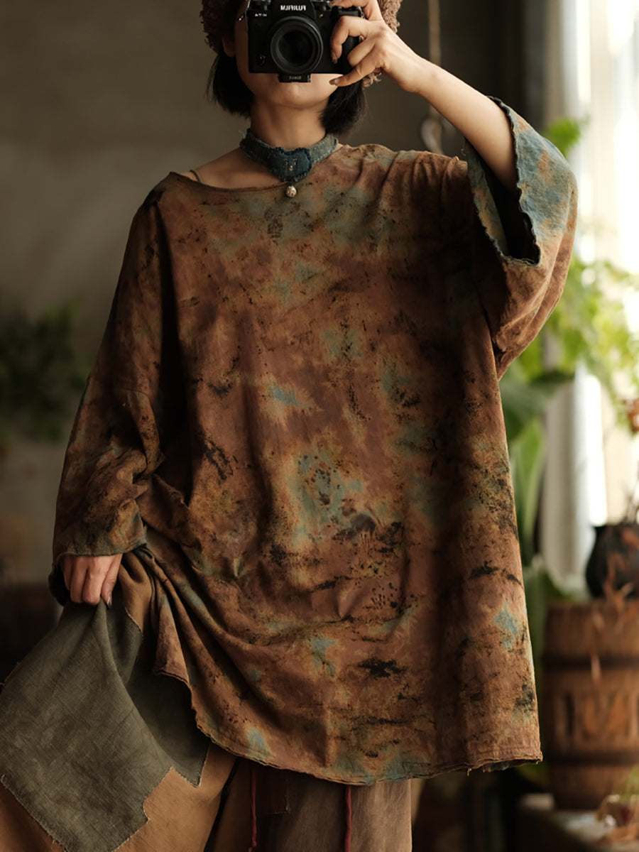 Women Summer Retro Flower O-Neck Cotton Blouse