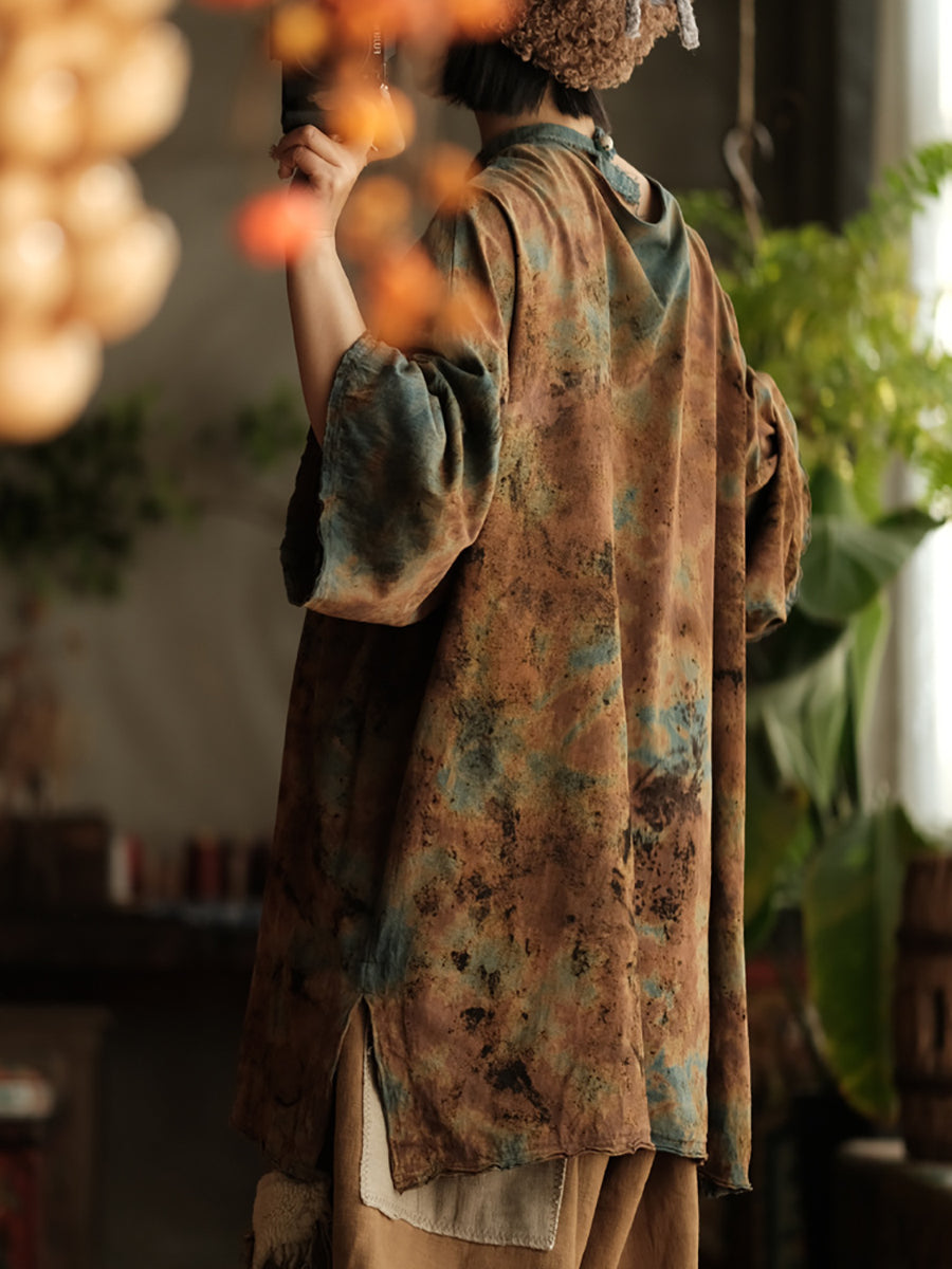 Women Summer Retro Flower O-Neck Cotton Blouse