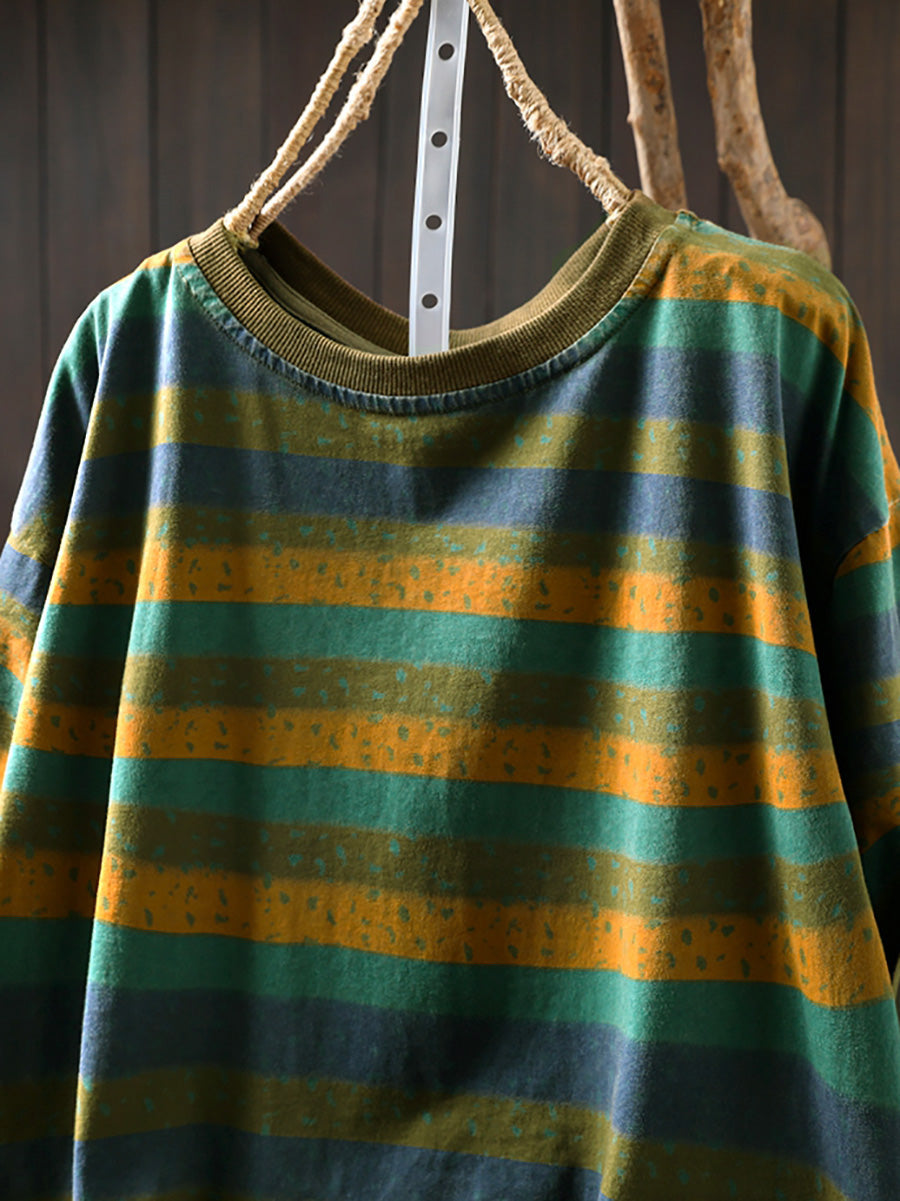 Plus Size Cotton Colorblock Stripe Blouse for Women, Summer Retro O‑Neck Raglan Top