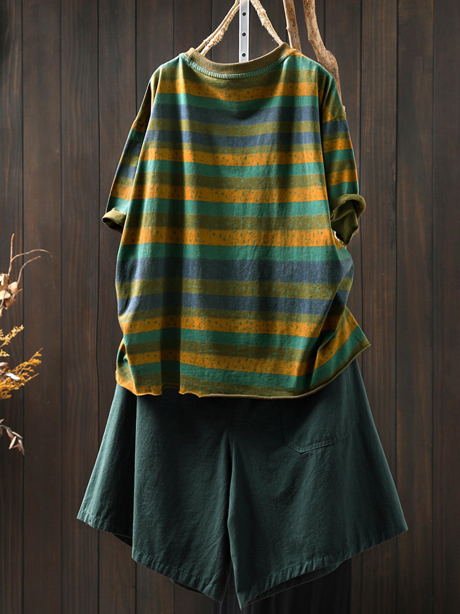 Plus Size Cotton Colorblock Stripe Blouse for Women, Summer Retro O‑Neck Raglan Top