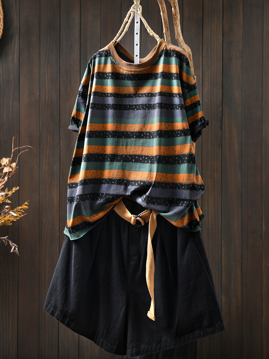 Plus Size Cotton Colorblock Stripe Blouse for Women, Summer Retro O‑Neck Raglan Top