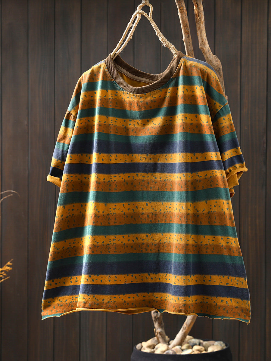 Plus Size Cotton Colorblock Stripe Blouse for Women, Summer Retro O‑Neck Raglan Top