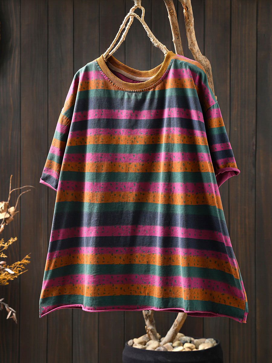 Plus Size Cotton Colorblock Stripe Blouse for Women, Summer Retro O‑Neck Raglan Top