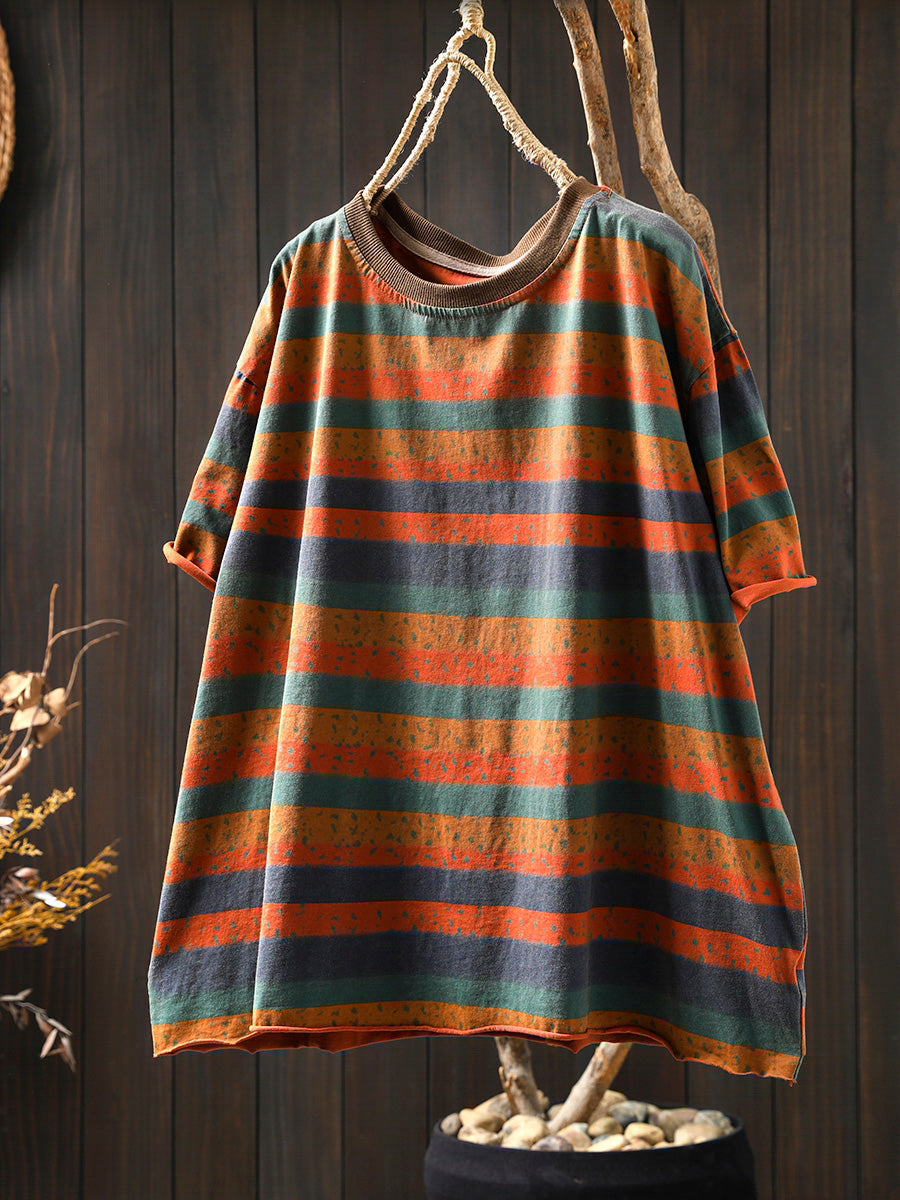 Plus Size Cotton Colorblock Stripe Blouse for Women, Summer Retro O‑Neck Raglan Top