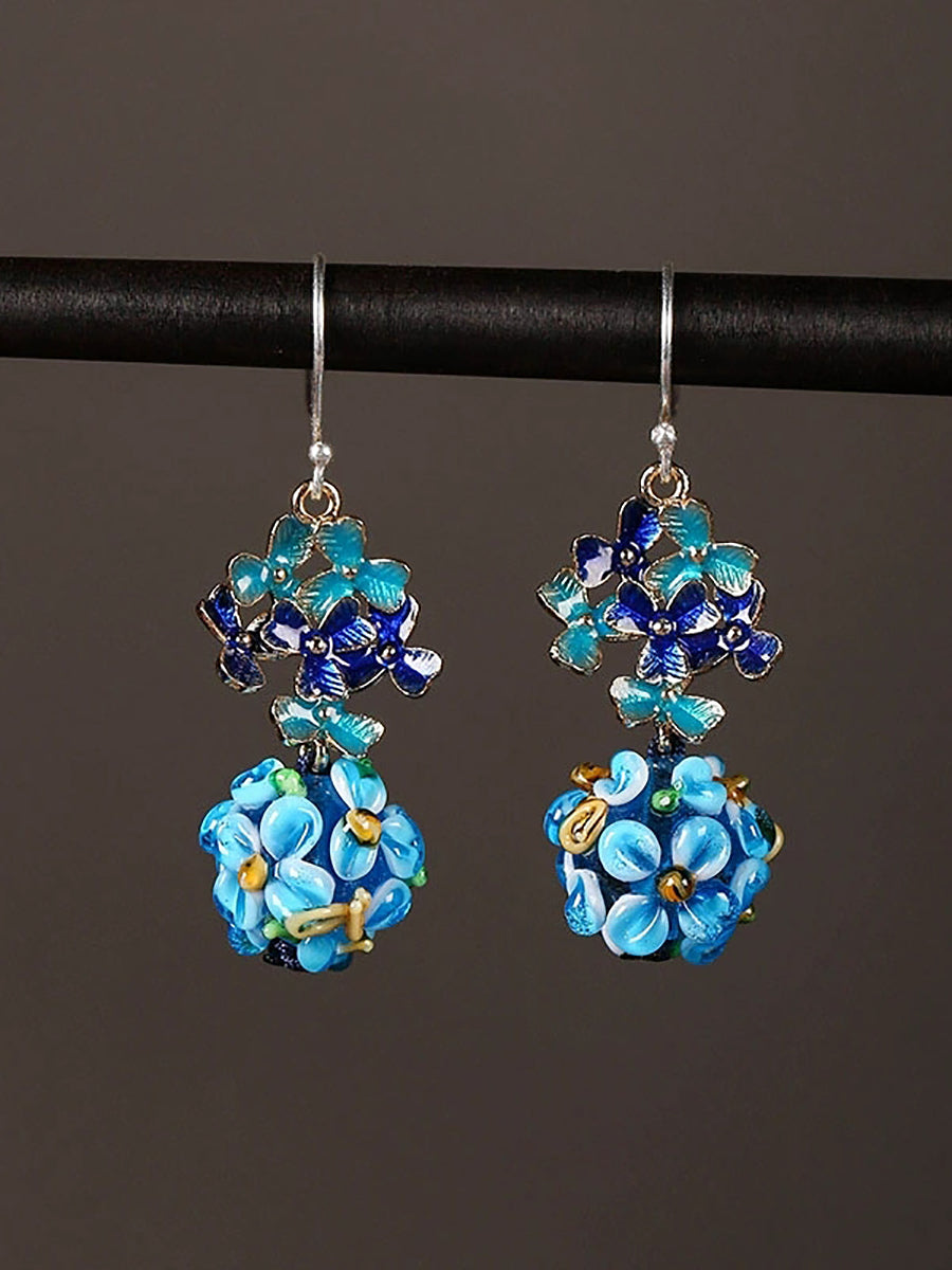 Ethnic Blue Cloisonne Ball-flower Silver Earrings