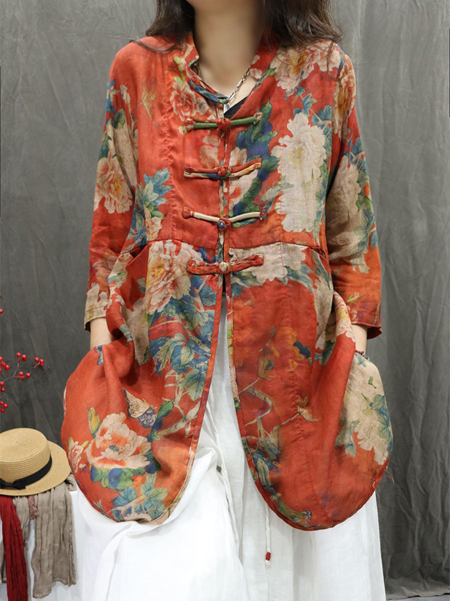 Plus Size Women Summer Stand Collar Flower 100%Ramie Cardigan Shirt
