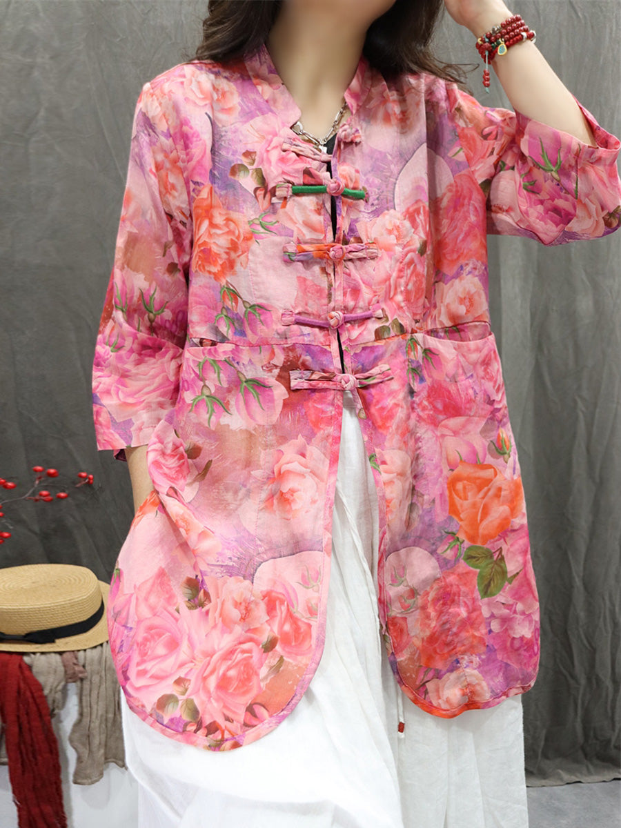 Plus Size Women Summer Stand Collar Flower 100%Ramie Cardigan Shirt