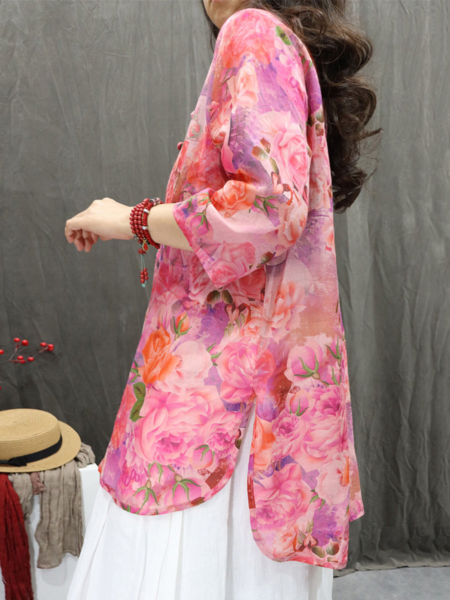 Plus Size Women Summer Stand Collar Flower 100%Ramie Cardigan Shirt