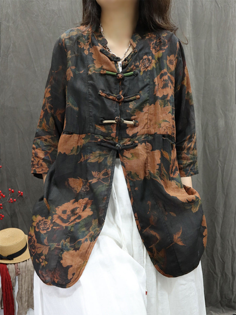 Plus Size Women Summer Stand Collar Flower 100%Ramie Cardigan Shirt