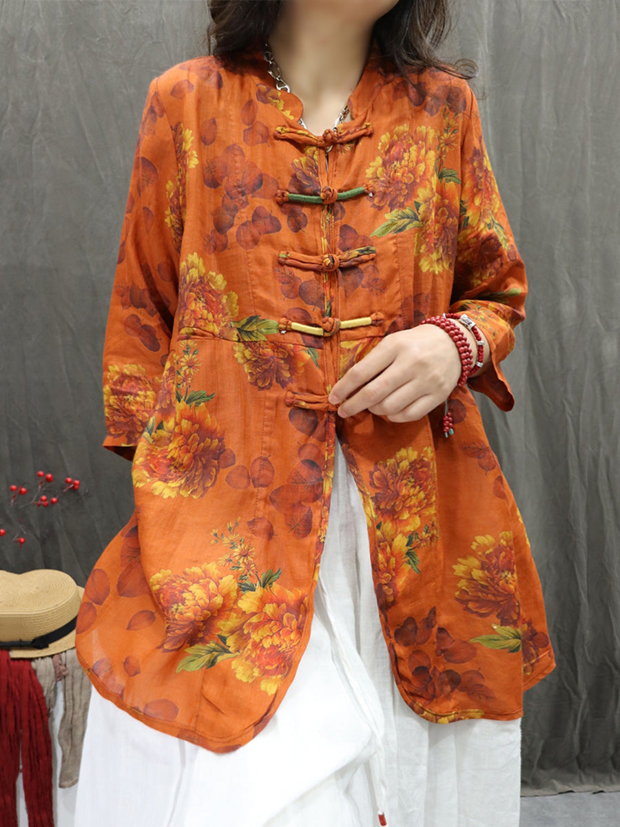 Plus Size Women Summer Stand Collar Flower 100%Ramie Cardigan Shirt