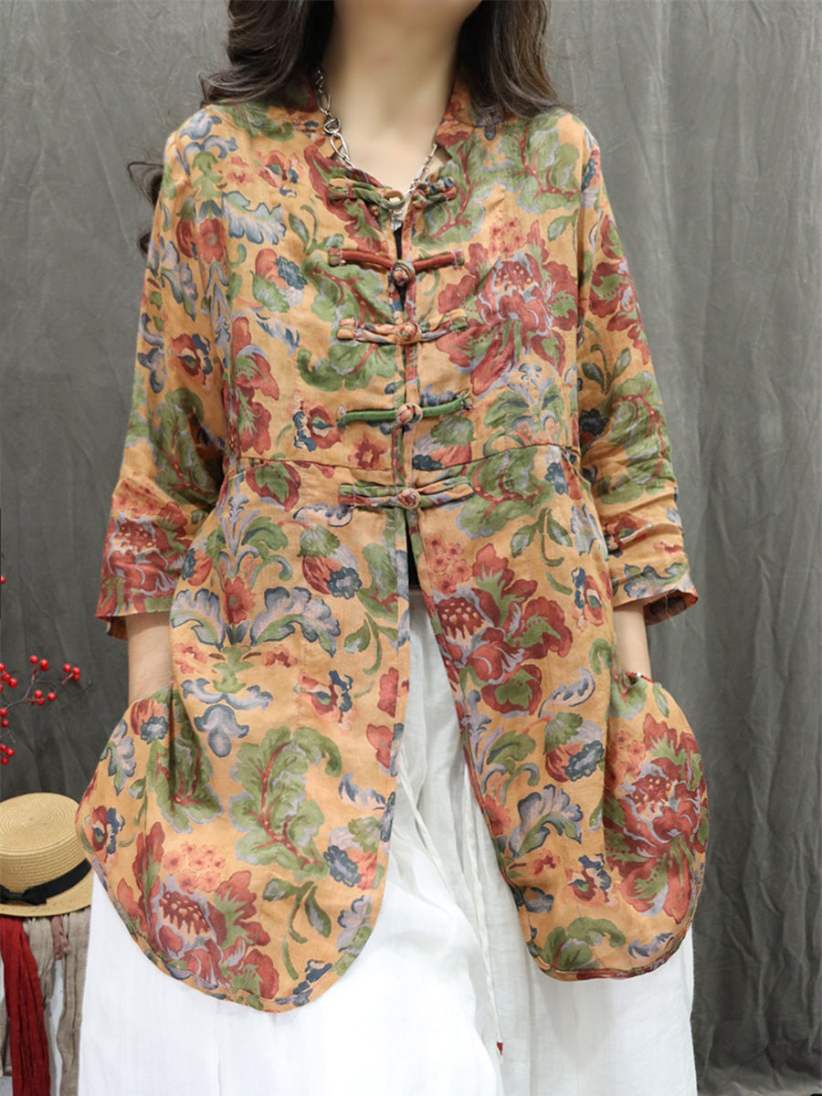 Plus Size Women Summer Stand Collar Flower 100%Ramie Cardigan Shirt