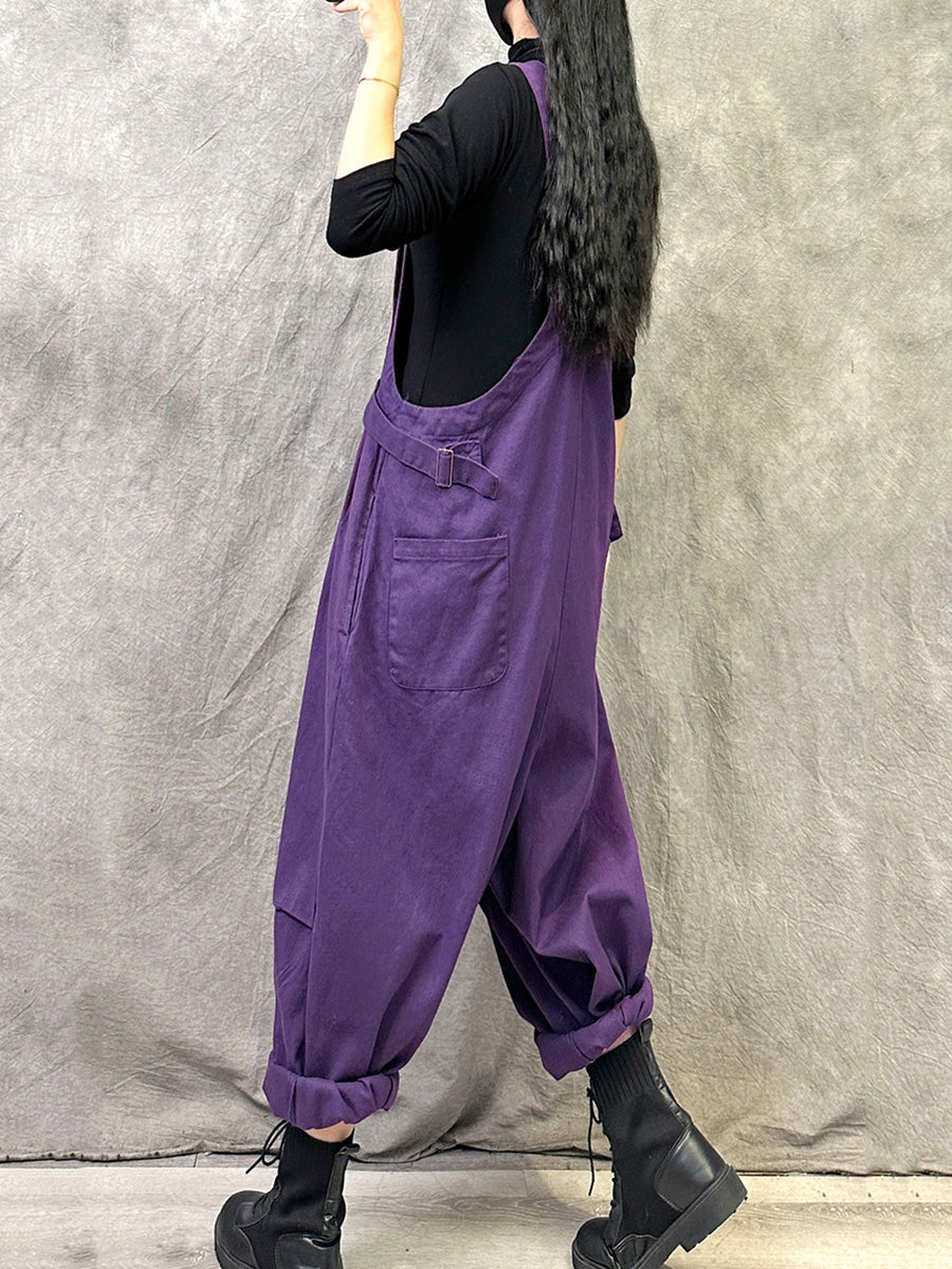 Plus Size Women Summer Casual Pure Color Cotton Jumpsuits