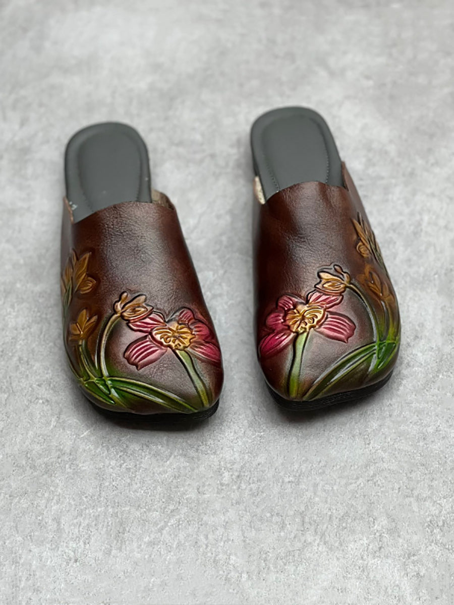 Women Vintage Flower Print Soft Leather Slippers