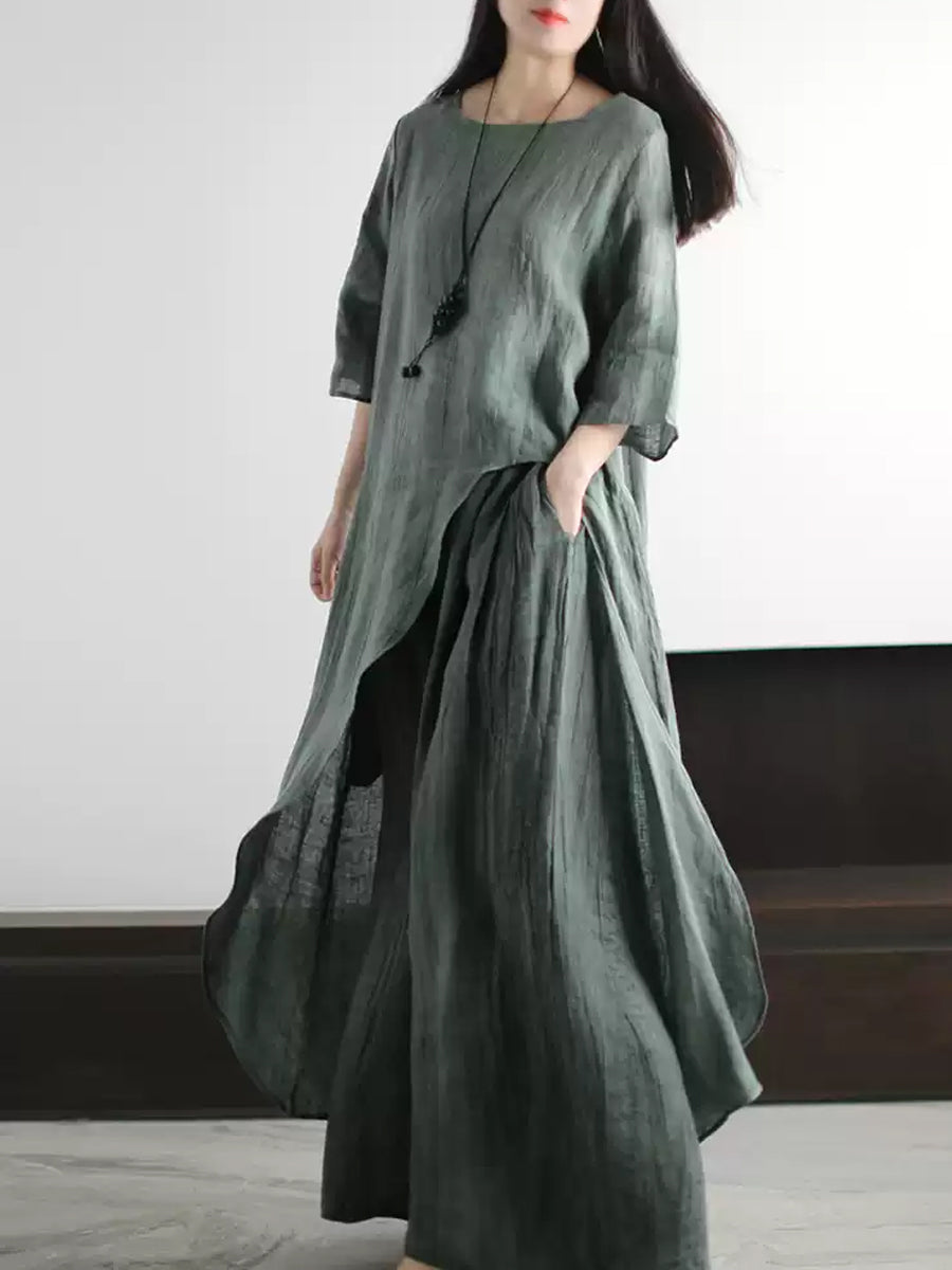Plus Size Linen Two Piece Set for Women, Summer Vintage Loose Suit