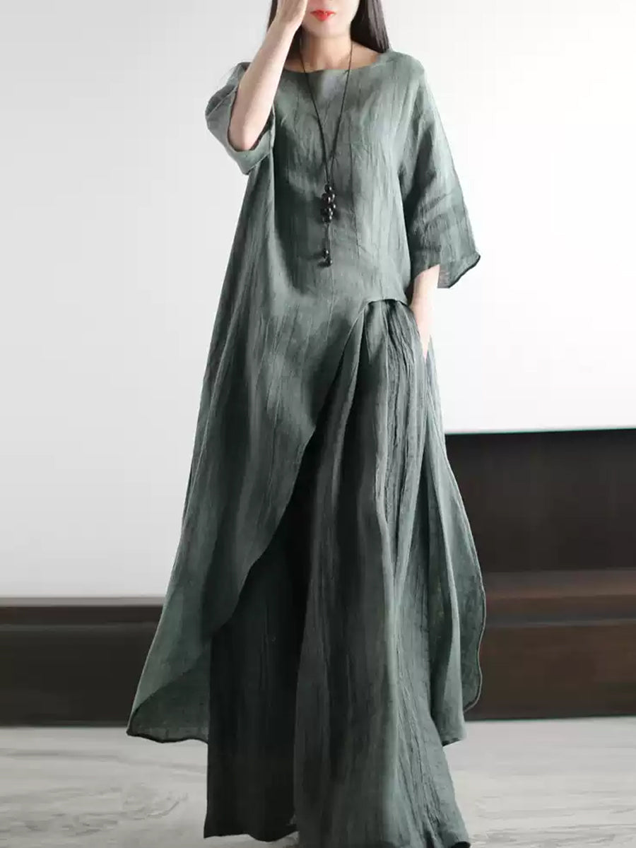 Plus Size Linen Two Piece Set for Women, Summer Vintage Loose Suit