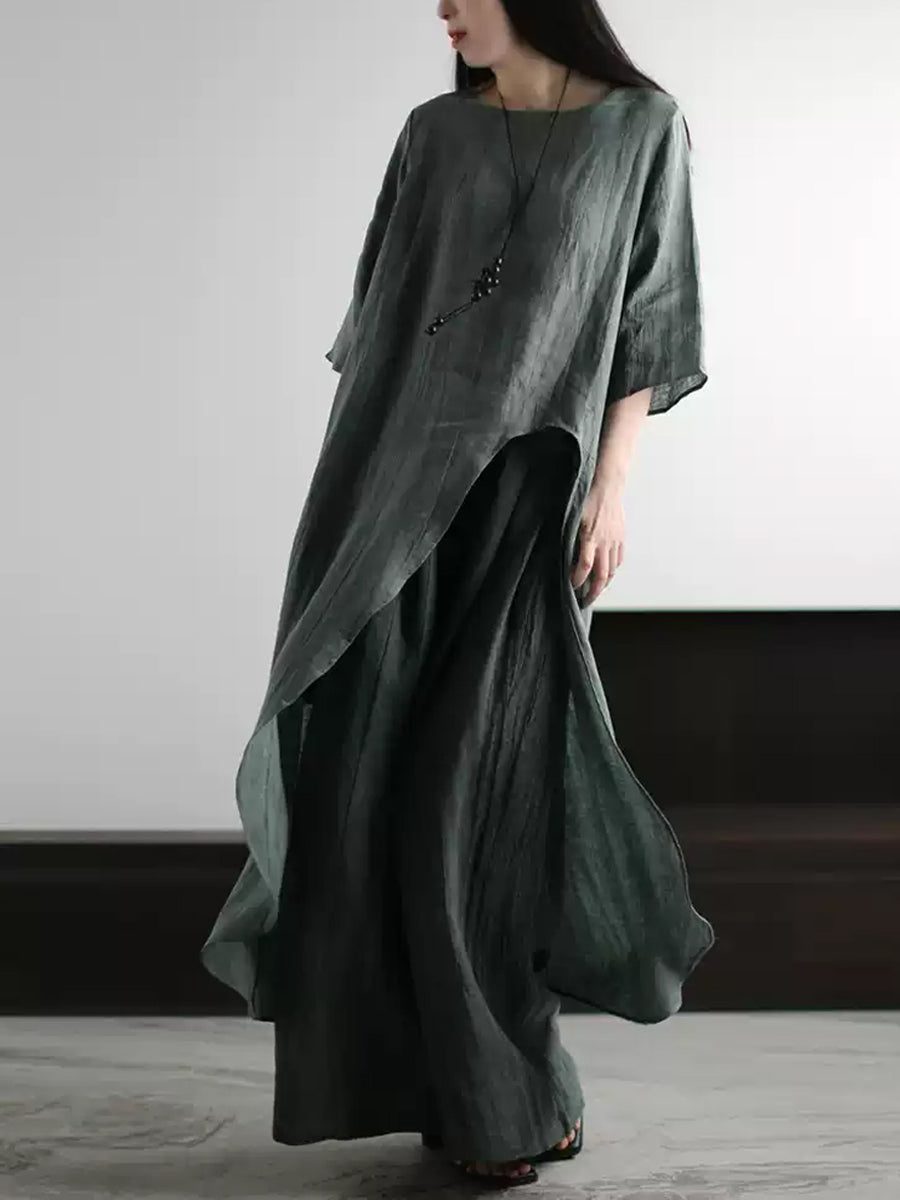 Plus Size Linen Two Piece Set for Women, Summer Vintage Loose Suit