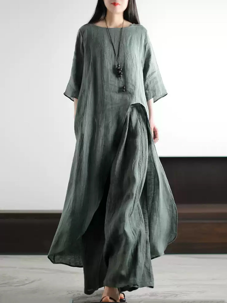 Plus Size Linen Two Piece Set for Women, Summer Vintage Loose Suit