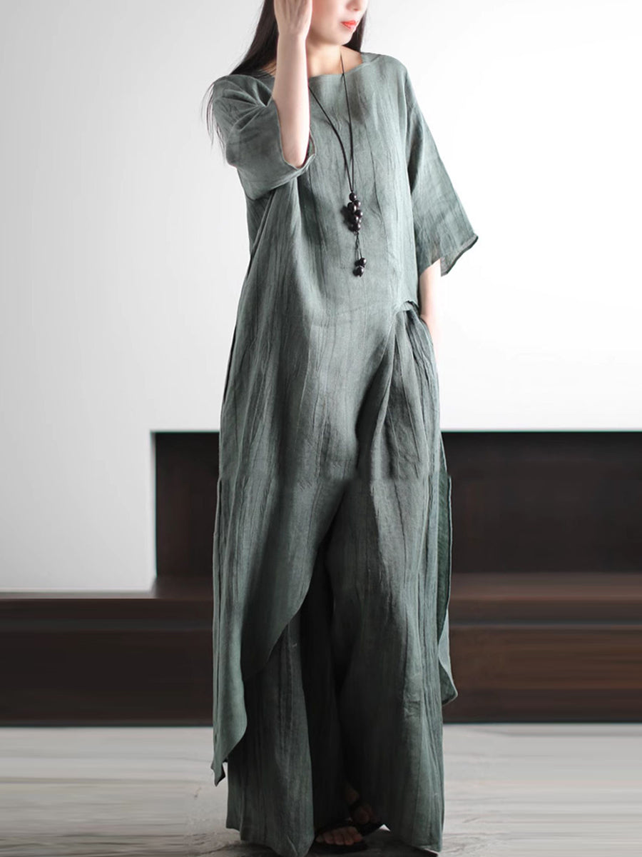 Plus Size Linen Two Piece Set for Women, Summer Vintage Loose Suit