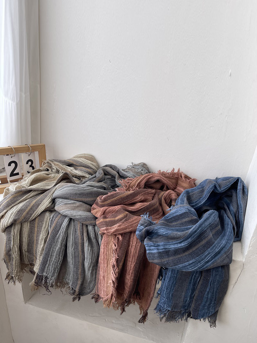Women Retro Colorblock Stripe Raw-edge Shawl Scarf