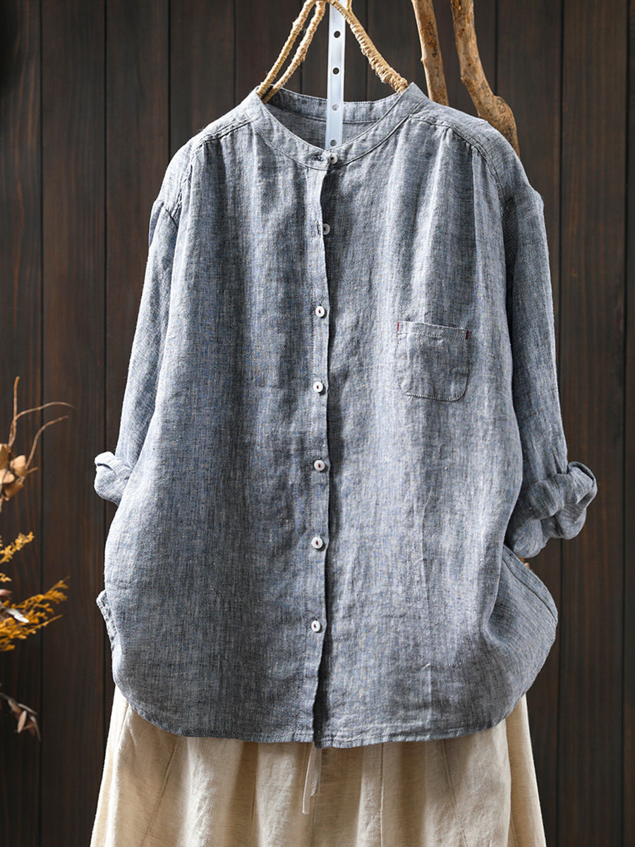 Plus Size Women Summer Pure Color Stand Collar 100%Linen Shirt