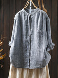 Plus Size Women Summer Pure Color Stand Collar 100%Linen Shirt
