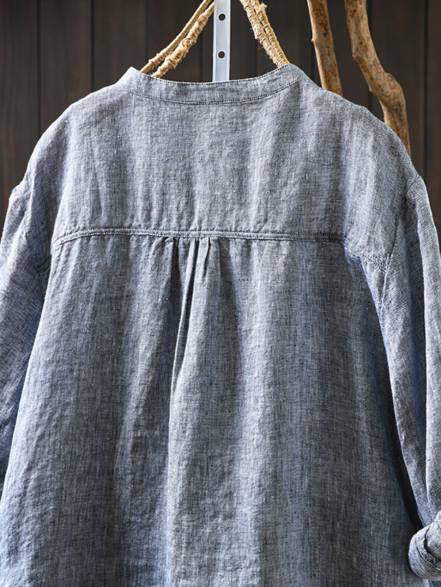 Plus Size Women Summer Pure Color Stand Collar 100%Linen Shirt